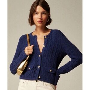 J. Crew Odette Cable Knit Cardigan Sweater Womens L Navy Gold Button Old Money